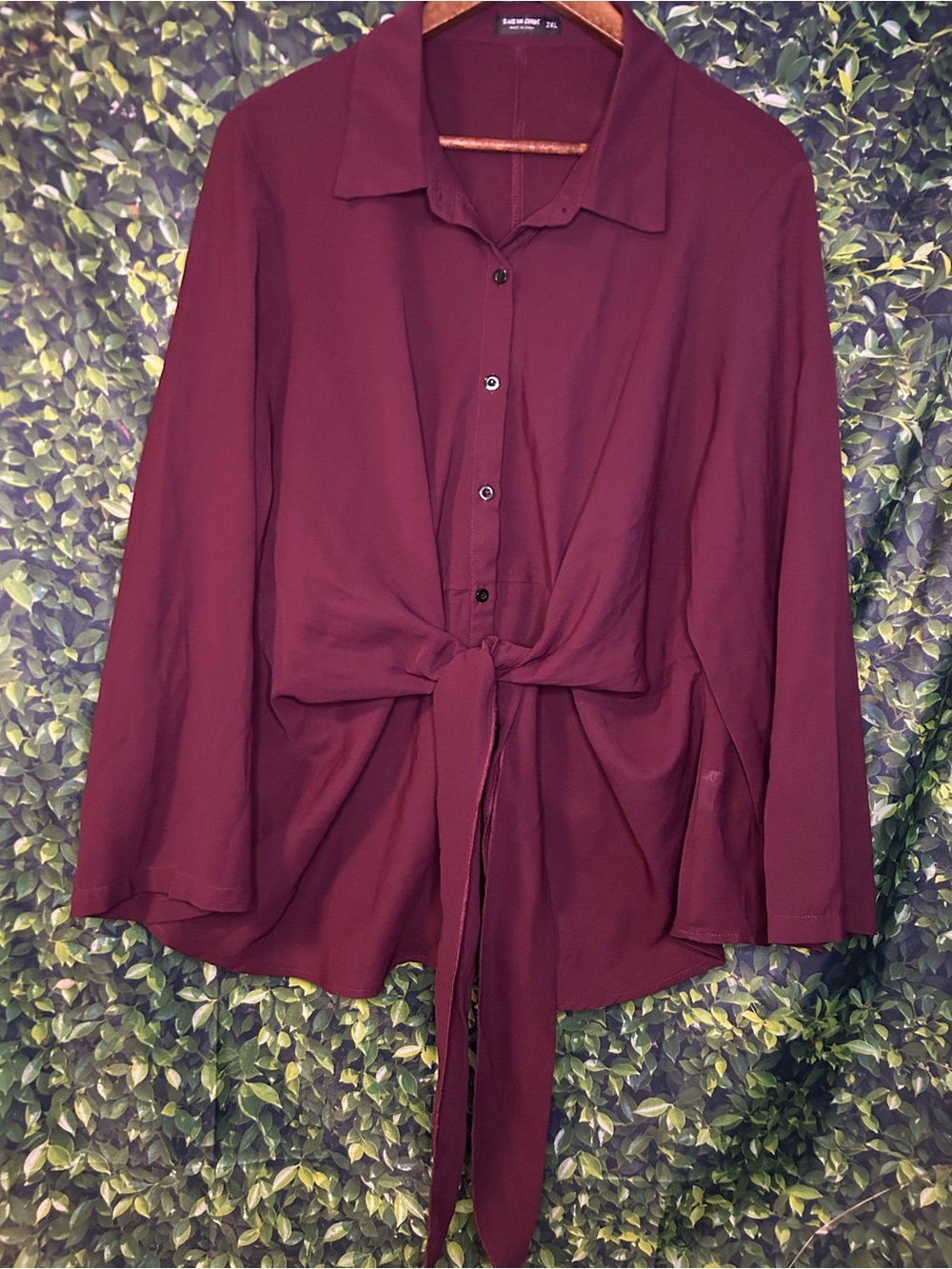SHEIN Burgundy Tie-Front Button Down Shirt - Picture 2 of 4